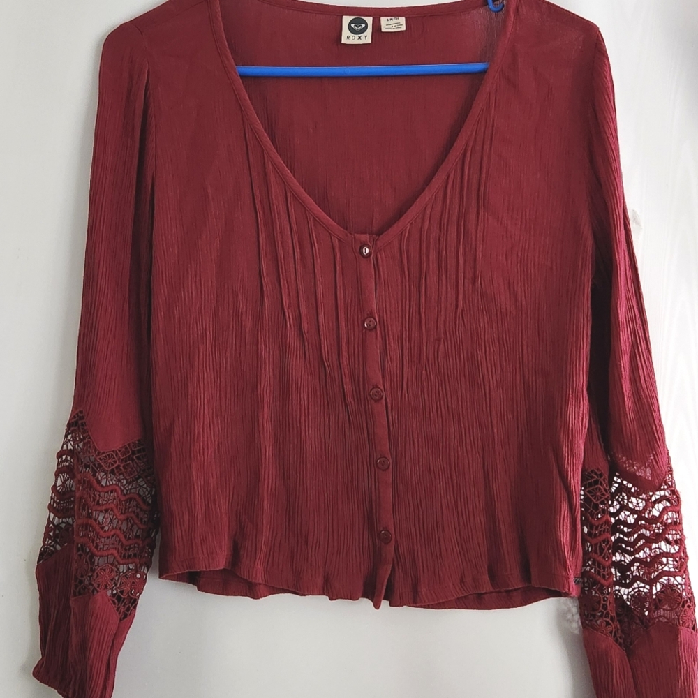 Roxy Burgundy Embellished Crop Blouse with 3/4 Sleeves Size S